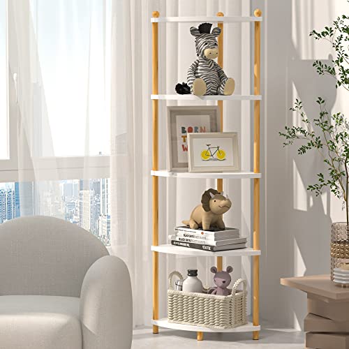 White Corner Shelf Stand For Bathroom -Wood Corner Shelving Unit 5 Tier Corner Shelves For Living Room/Bedroom/Kitchen Tall Corner Bookshelf，Multi Display Unit Organizer Rustic Style Fan-Shaped #TOP2