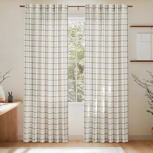 Image of NICETOWN Plaid Window Curtain, Linen Sheer Curtains 84 inches Long for Living Room and Bedroom Drape with Rod Pocket Back Tab, Farmhouse Shade, 52" x 84", White, 1 Pair