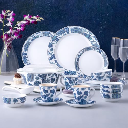 Image of Larah by Borosil 49pc Opalware New Iris Dinner Set for Family of 6 | Microwave & Dishwasher Safe Crockery Set for Dining & Gifting | Plates & Bowls