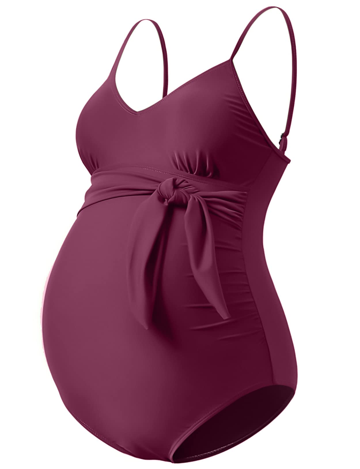 Maternity Swimsuit V-Neck One Piece Maternity Monokini Tie Front Bathing Suit Pregnany Swimwear, Burgundy Red, Large