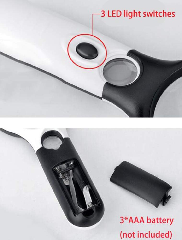 3-LED-Licht, 10-20-fache Vergrößerung, Handlupe mit Beleuchtung, Schmucklupe, ideal für Schmuck, Bastelarbeiten, Hobby und Nähen.