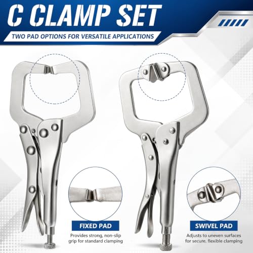 Image of Minatee 3 Pcs C Clamp Set, Pliers with Swivel Pads, 11 Inch, 14 and 18 Inch, Metal Tools Welding Clamps for Home Farm