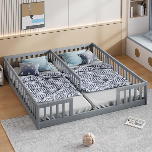 Kinderbett Bodenbett Doppelbett 90x200 cm mit Sicherheitsgitter&Lattenrost, Montessori Bett Bed Gitterbett Holzbett Bettgestell Jugendbett Spielbett für 2 Kindern, Kiefernholz, Ohne Matratze, Grau Kinderbett Bodenbett Doppelbett 90x200 cm mit Sicherheitsgitter&Lattenrost, Montessori Bett Bed Gitterbett Holzbett Bettgestell Jugendbett Spielbett für 2 Kindern, Kiefernholz, Ohne Matratze, Grau