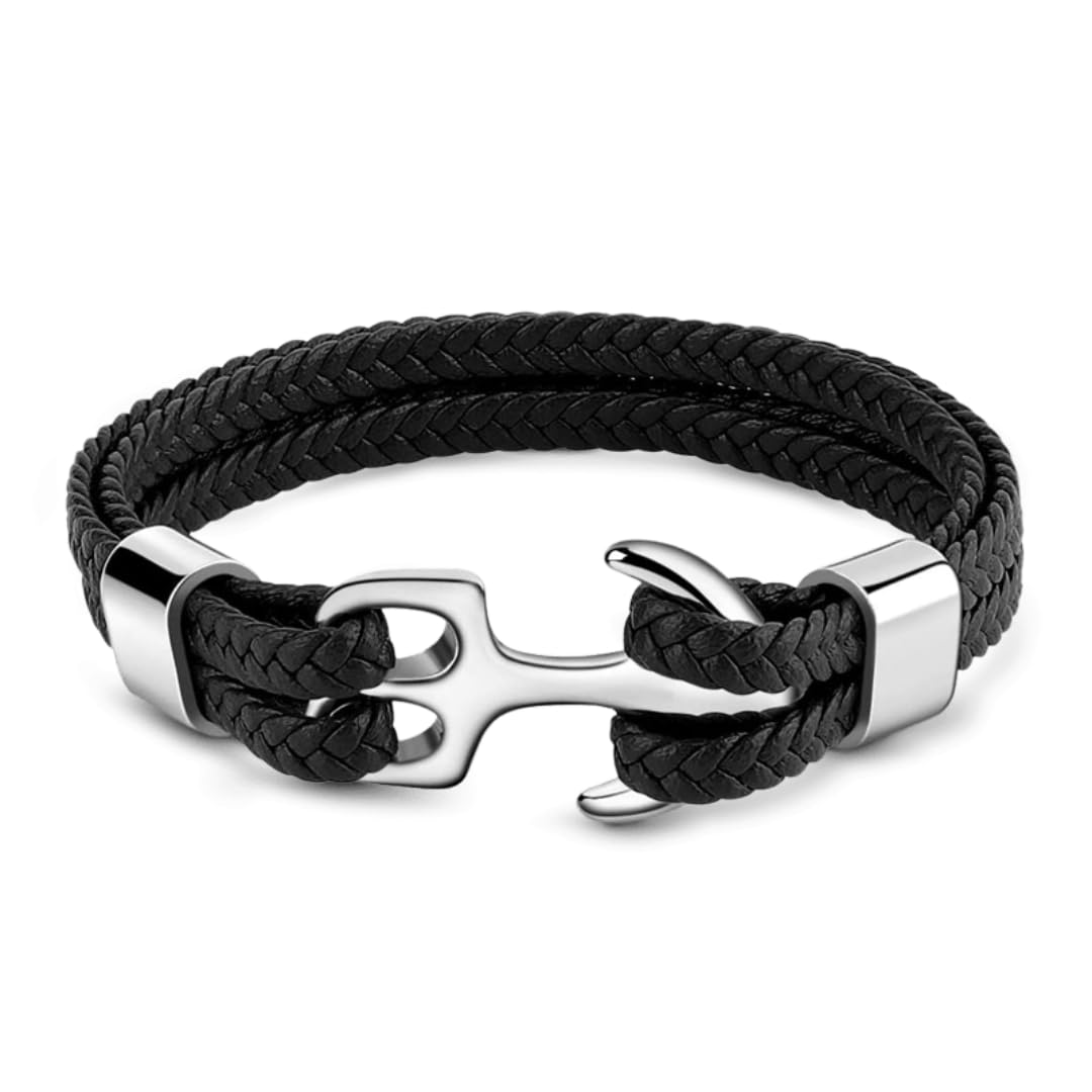 THE MEN THING SEAFARER ANCHOR BLACK - Genuine Leather Double Layer Braided Bracelet with Stainless Steel Anchor Hook for Men & Boys (8 inch) (B0D2T7VSVQ) Amazon Price History, Amazon Price Tracker