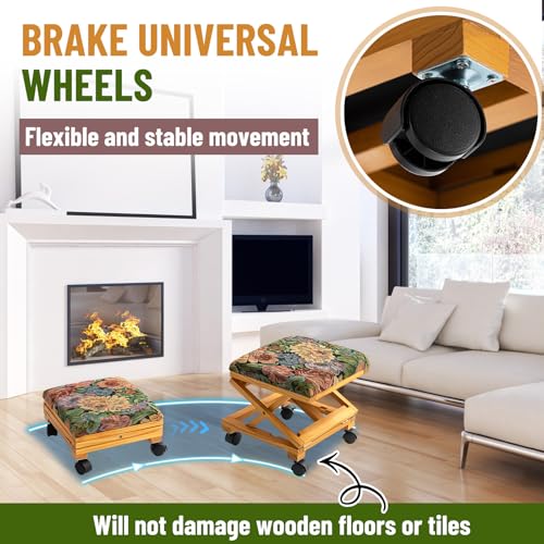 CroBlissful 2 Pack Rolling Adjustable Foot Rest Vintage Floral Foldable Under Desk Ottoman with Wheels Tapestry Foldaway Guitar Foot Stool for Home Office Living Room Bedroom by CroBlissful - Image 5