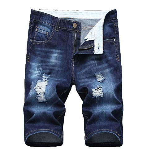 Atditama Men's Casual Cotton Regular Fit Denim Jeans Bermuda Shorts Ripped Dark Blue 34