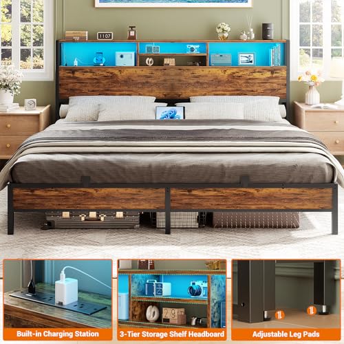 Image of Aheaplus Headboard for King Size Bed with Storage, Headboards with Outlets | King Size Head Board Only, USB Ports and LED Light, Height Adjustable, Reversible, Sturdy and Stable Headboard, Rustic Brown