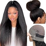tunfine Kinky Straight Hidden Strap Invisi Drawstring 360 HD Full Lace Front Wigs Human Hair Pre Plucked Pre Cut Yaki 200 Density 360 Frontal Glueless Wigs Human Hair for Black Women 16 Inch