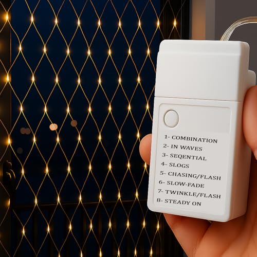 Image of LED Net Mesh String Lights for Diwali & Home Decoration | 192 LEDs, 9.8Ft x 6.6Ft | Curtain Fairy Lights for Balcony, Bedroom, Living Room, Christmas Decor, Jhalar Light, 8 Modes (Warm White)