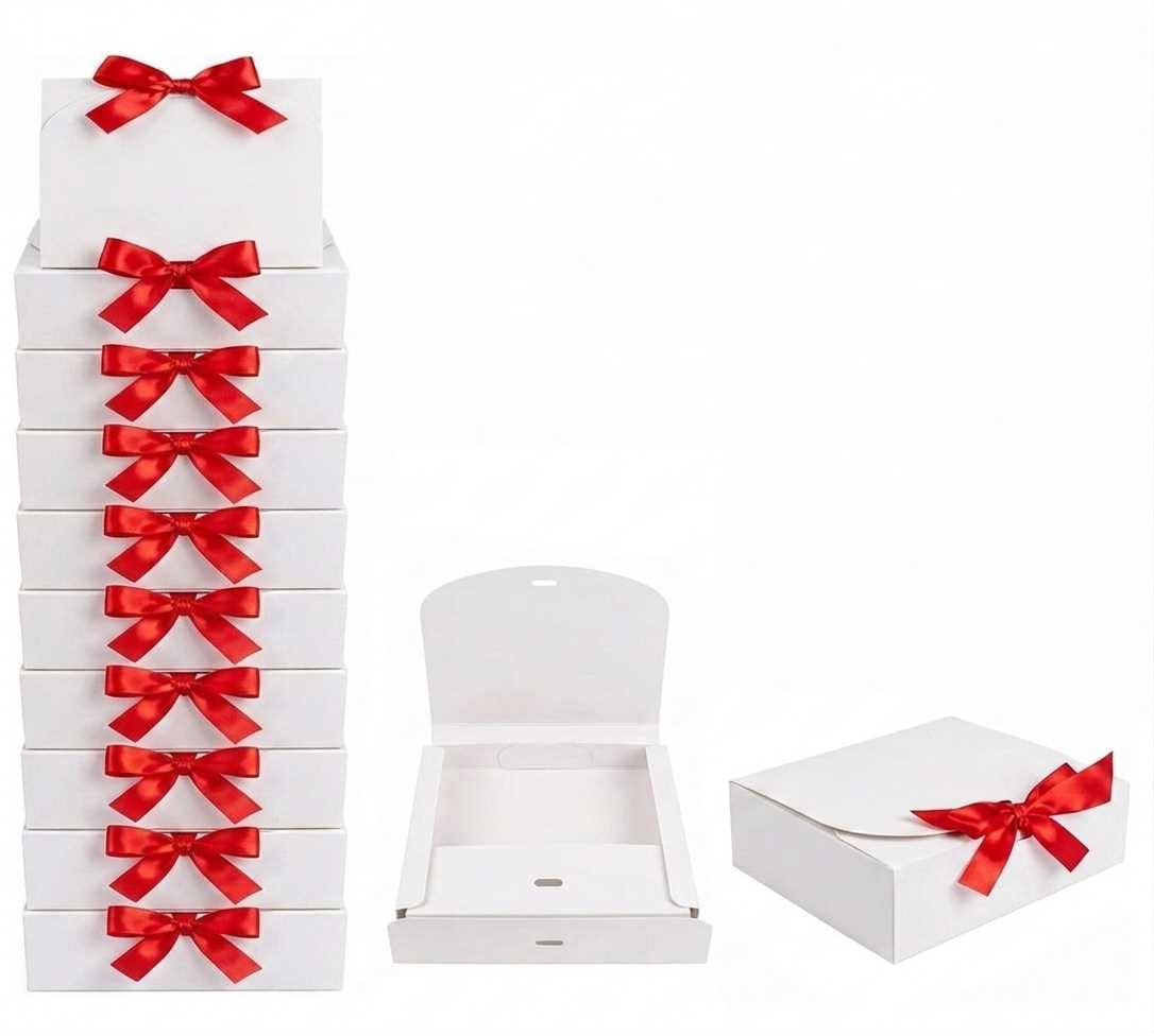 Emartbuy White Kraft Gift Box with Red Ribbon – 31 x 25.5 x 8 cm – Fits Books, Photo Frames & Flat Gift Sets – Birthdays Weddings Christmas Corporate Gifting Trade Wholesale – Pack of 12