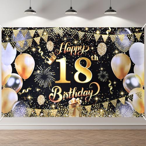 ANOMM 18.Geburtstag Banner Schwarzes-Gold, Happy Birthday Banner, 18.Geburtstag Dekoration für Drinnen und Draußen, Extra Groß Party Geburtstagsdeko Hintergrund (180 x 110 cm)