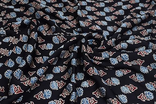 Image of Ethnics of Kutch Women's Ajrakh Modal Silk Natural Dye Hand Block Print Unstitched Kurta Fabric Mtr Length (3 Mtrs - Black 30102Q)