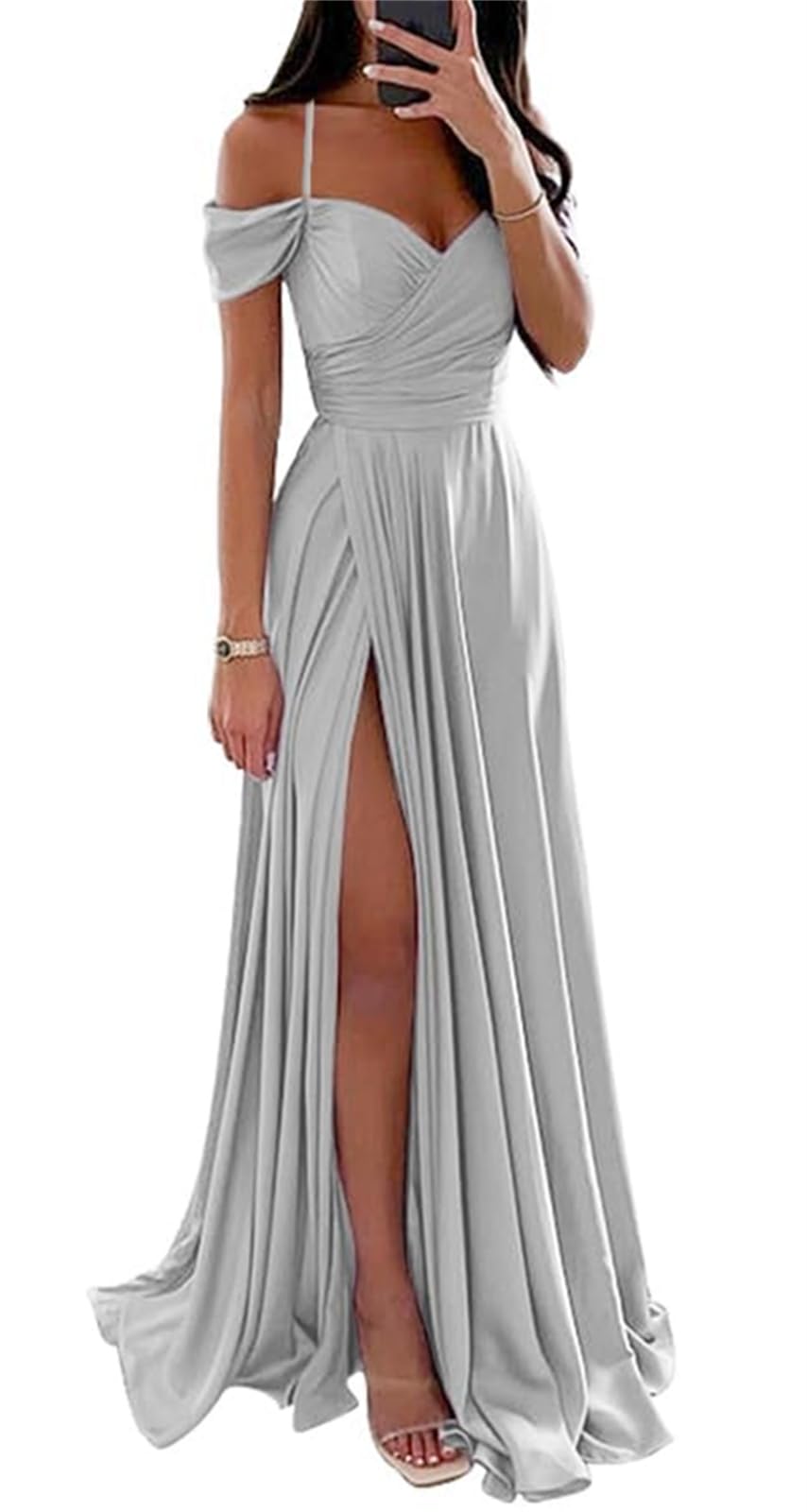 YIANN Silver Prom Dresses 2024 with Slit for Teens A Line Pleated Plus Size Satin Bridesmaid Dreses for Women with Slit UK18
