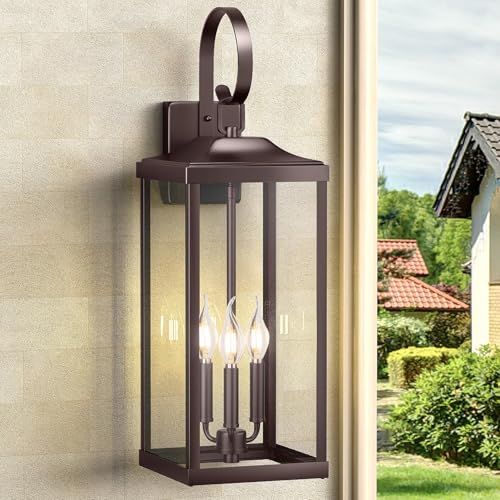 Image of 24 inch Extra Large Oil Rubbed Bronze Outdoor Wall Lights, Modern Coach Light | Farmhouse Outdoor Wall Lantern 3-Light, Waterproof Exterior Lighting Fixtures Outside Sconce Lights for House, Brown, 1-Pack