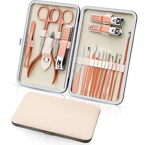 Juego de manicura, 18 piezas, juego de cortaúñas para pedicura, herramienta de cortaúñas, juego de viaje portátil, kit profesional de cuidado de uñas para el hogar, viajes (oro rosa)