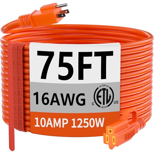 huanchain 75 Foot 16/3 Gauge Outdoor Extension Cord Waterproof Flexible Cold-Resistant Appliance Extension Cable Outside 10A 1250W 16AWG SJTW 3 Prong Electric Cord Orange ETL