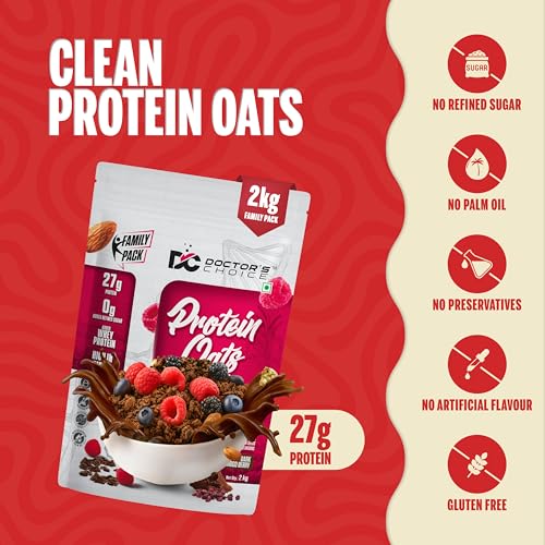 Image of DOCTORS CHOICE Oats, High Protein Oats, 27g Pure Protein Breakfast Cereals, Jaggery Sweetened, Rich in Fiber, No Additives and 0g Sugar 2 Kg, Dark Choco Berry