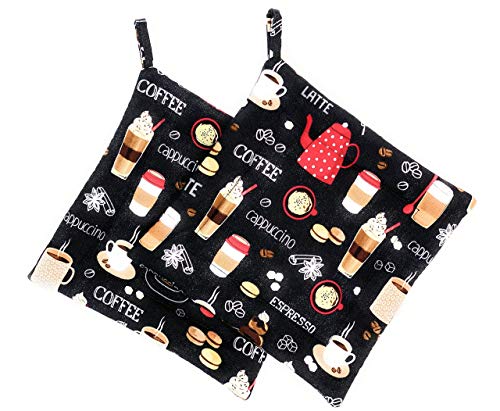 Set of 2 - Espresso Cappuccino Latte Coffee on Black Reversible Square Hot Pot Pan Plate Holders Hot Pads Trivets
