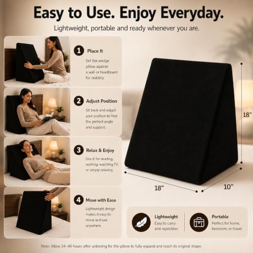 Image of Memory Foam Orthopedic Wedge Pillow for Back, Neck, Leg Support, Pregnancy, GERD, Acid Reflux, Snoring & Post-Surgery Relief - Soft Washable Velvet Cover - Black (46 x 52 x 46 CM)