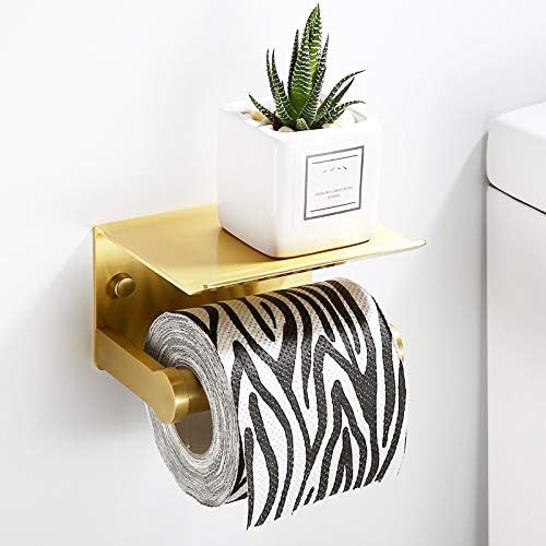 Miniatura 2 de Soporte de pared dorado para papel higiénico con estante, autoadhesivo y montado a tornillo, dispensador de papel higiénico de aluminio resistente