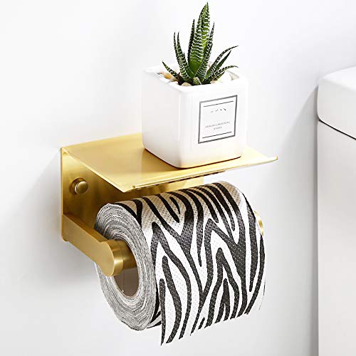 Youda Toiletpapierhouder, wandhouder voor badkamerweefsel met opbergplank, 3M zelfklevend, aluminium (goud) - Image 3