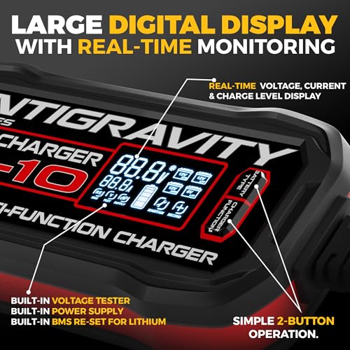 Image of Antigravity SC-10 Super-Charger 10A Smart Battery Charger & Maintainer for 6V /12V Lithium (LiFePO4) & 12V Lead-Acid Batteries - Wall-Powered, LCD Display, Power Supply Mode, BMS Reset