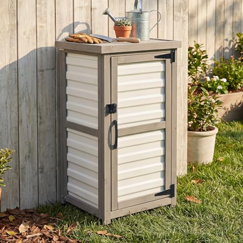Image of Outdoor Storage Cabinet with Metal Top, Wooden & Plastic Potting Bench & Tool Organizer, Adjustable Shelf for Patio Backyard Garden, Small Outdoor Cabinet for Tools