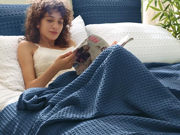 PHF Ultra Soft Waffle Weave Throw Blanket 50"x 60"- Washed Lightweight Breathablee Cozy Woven Blanket - Great for Couch Bed Sofa Home Car - Navy Blue - Image 8