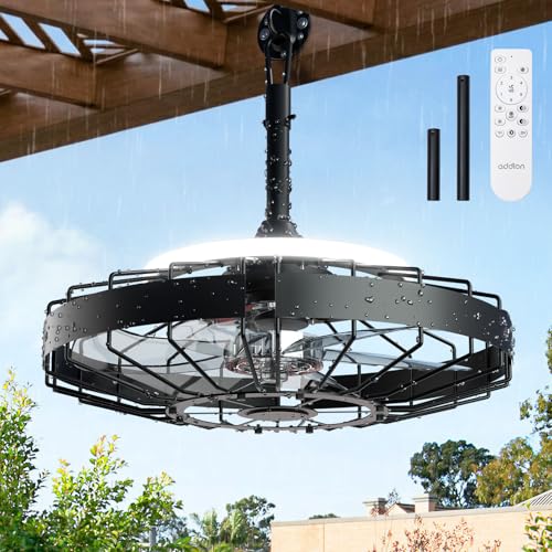 addlon 20' Outdoor Ceiling Fan with Light for Patio, IP65 Plug in Caged Fan | Waterproof, Hanging, Reversible DC Motor, 6 Speeds, Remote/APP Control, Quiet Operation, Timer, for Gazebo, Patio, Porch