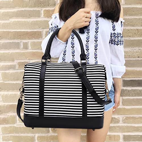 CAMTOP Women Ladies Weekender Travel Bag Canvas Overnight Carry-on Duffel Tote Luggage (Stripe -Black)