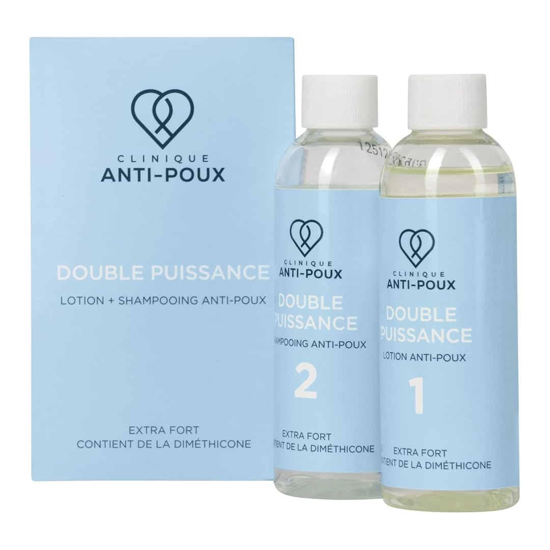 Clinique Anti-Poux Double Puissance - Tue efficacement les poux et les lentes - Kit de traitement anti-poux - Lotion et shampoing à la diméthicone pour adultes et enfants - Parfum eucalyptus