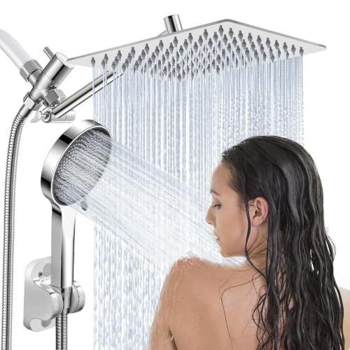 Image of Shower Head,10 inchRain Shower Head with Handheld Spray Combo and Adjustable Extension Arm /3-Way Flow Regulator /Shower System,High Pressure Rain Fall Hose,Chrome
