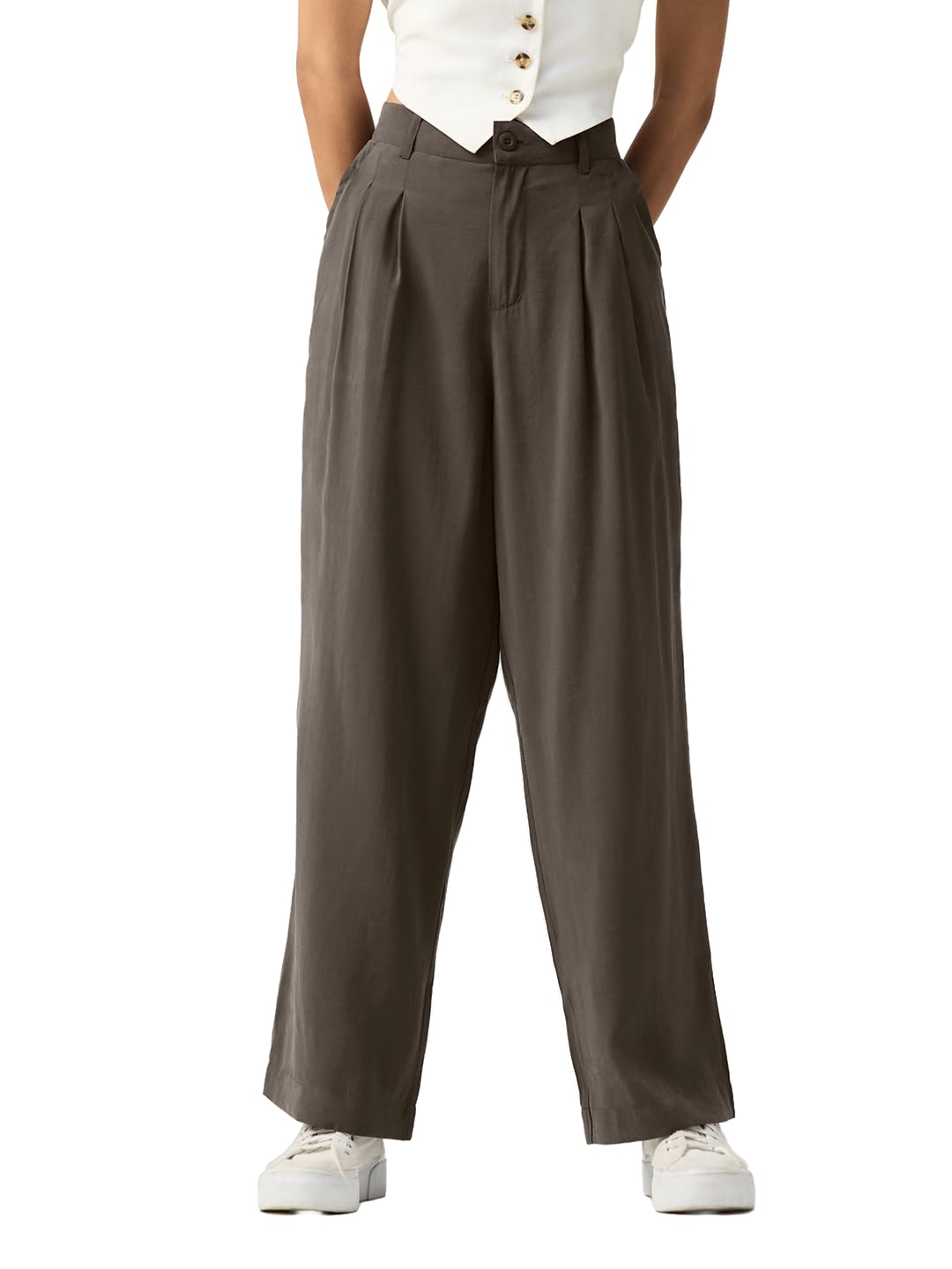 The Souled Store Pleated Trousers: Taupe Women and Girls Solid Viscose Blend Straight Fit Mid Rise Wide Leg Pleated Front Elastic Back Pants in neutral