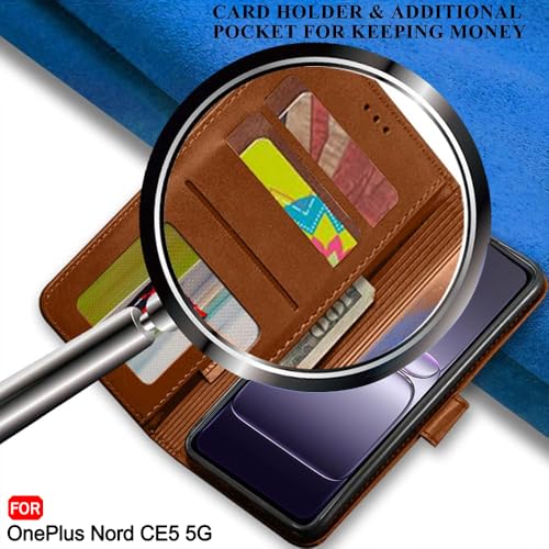 Image of TheGiftKart Genuine Leather Finish Flip Back Cover Case for OnePlus Nord CE 5 5G | Inbuilt Pockets & Stand | Wallet Style | Designer Button | Flip Back Cover for OnePlus Nord CE5 (Faux Leather, Brown)