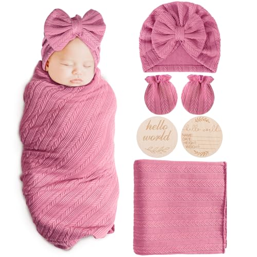 Image of AQOKKA Newborn Receiving Blanket Wheat-Pattern Baby Girl Swaddles Wraps with Bow Hat Mittens Wooden Card for Newborns Toddler Gift Baby Essentials