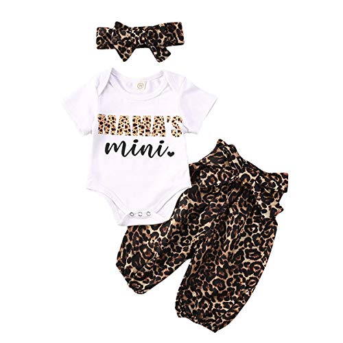 Newborn Baby Boy Girls Leopard Outfits Mama's Mini Romper Bodysuit+Cheetah Pants+Headband Fall Winter Clothes Set (Short Sleeve, 0-3 Months)