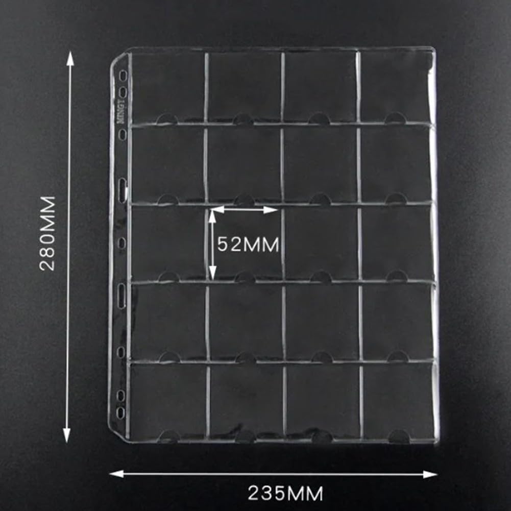 Clear PVC Coin Holder Page Album, 20 Pockets per Sheet (52x52mm), Fits Up to 50mm, or 10 Sheets for Coin Collection, Tokens, Medals, Badges,(1pc)