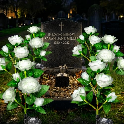 Image of Anordsem Solar Garden Lights Outdoor: Waterproof Fabric Roses - Red LED Flower Decorations for Yard Patio Path Cemetery Grave - Birthday Gifts for Women Mom Wife - 6 Pack White