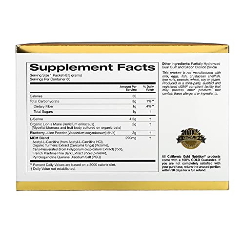 California Gold Nutrition MEM Food, Memory & Cognitive Support with MEM Blend, L-Serine, Organic Lion\'s Mane and Blueberry Juice Powder, 60 Packets, 0.3 oz (8.5 g) Each
