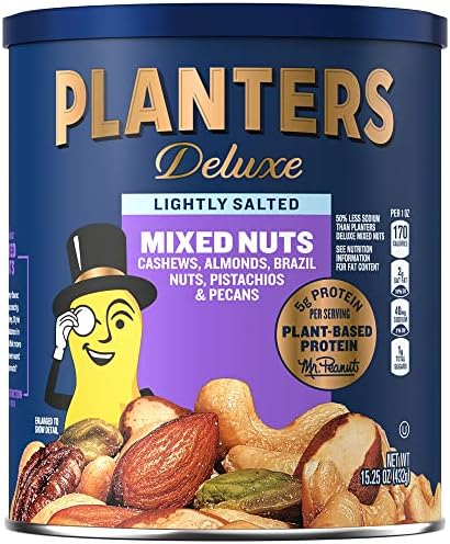 PLANTERS Deluxe Lightly Salted Mixed Nuts, 15.25 oz. Resealable Container - Reduced Sodium Mixed Nuts with Cashews, Almonds, Hazelnuts, Pistachios & Pecans - Vegan Snacks, Kosher