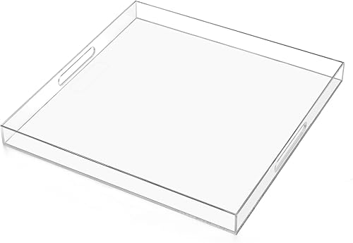 Miniatura 7 de 18×18 pulgadas Bandeja otomana extra grande de acrílico negro, bandeja decorativa extra grande, bandejas de servir a prueba de derrames con asas,