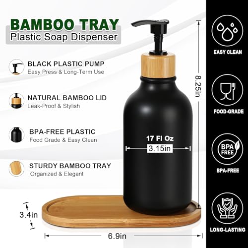 Image of KASUNTING Hand and Dish Soap Dispenser Set, Plastic Kitchen Soap Dispenser Set with Bamboo Tray, 17 Fl Oz Black Soap and Lotion Dispensers Sets with 4 Pack Labels for Kitchen & Bathroom Countertop
