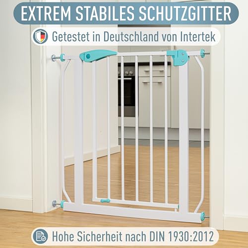 ib style Türschutzgitter Berrin 67-175, Treppengitter für Babys, Treppenschutzgitter ohne Bohren, Türgitter zum Klemmen, Kindergitter, Weiß Türkis, 67-75 cm