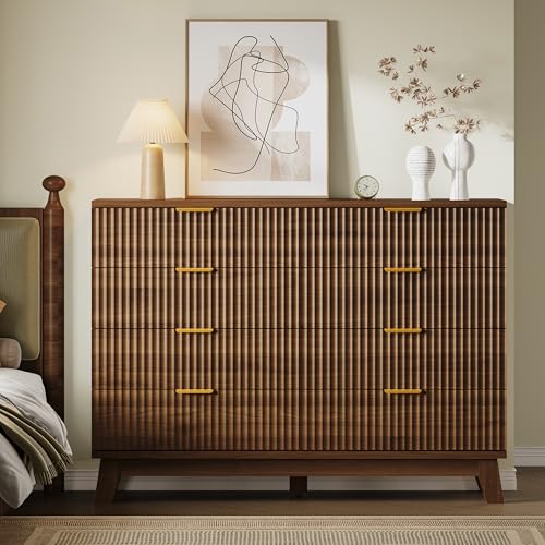 Image of BORNOON Fluted 8 Drawer Tall Dresser, 47.2 inch Wide Modern Boho Chest of Drawers, Wooden Storage Dresser TV Stand for Bedroom, Living Room, Closet, Hallway, Curved Profile Design
