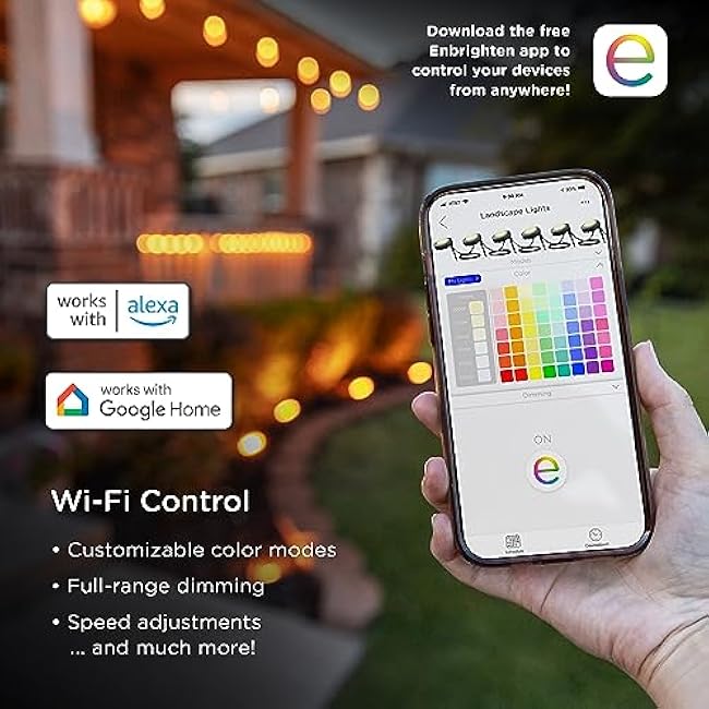 Enbrighten Premium LED Smart Garden Lights, 12 Landscape Lights, 110ft Cord plus 22ft Lead Wire, Compatible with Alexa and Google Play, Color Changing, App Control, Outdoor Landscape Lighting, 58105