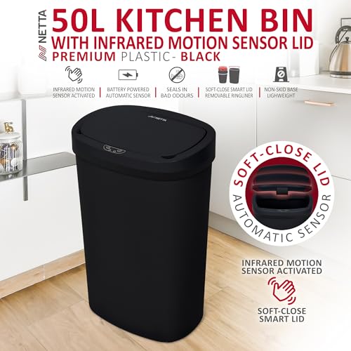 NETTA 50L Sensor Bin for Kitchen - Large Touch-Free Automatic Motion Sensor Waste Rubbish Bin, Dustbin, Trash Can 50 Litre - Black - Image 2