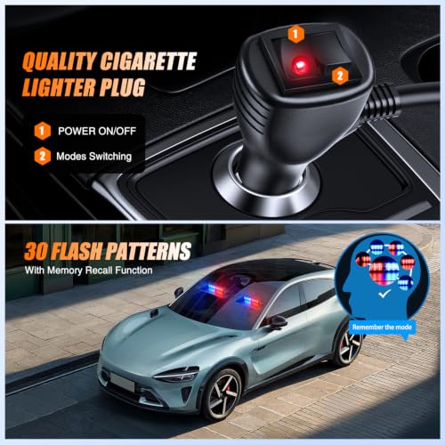 Image of Nilight 16LED Red Blue Dash Strobe Light Cigarette Lighter Plug | Dual-Switch 2-in-1 Deck Split Flashing Lights for Truck Construction Pickup Interior Front /Rear Windshield Mount 30 Modes