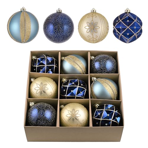 Valery Madelyn Christmas Tree Ornaments, 9ct Blue and Gold Shatterproof Christmas Tree Decorations, 3.94 Inches Peacock Hanging Ball Ornaments Bulk for Xmas Holiday Party Decor