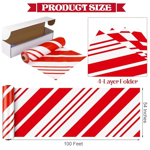 Image of Kochorie 100 Ft x 54 Inch Christmas Candy Cane Striped Tablecloth Roll with Slide Cutter Box Red and White Table Cover Christmas Tablecloth Wall Backdrop Xmas Home Holiday Party Supplies
