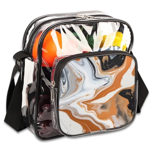 Clear Crossbody Bag Stadium Approved Luxurious Marble Texture Transparent Bag for Festivals, Sports Events, Concerts,Beach Bag for Women Men Orange Clear Purse with Front Pocket Messenger Bag